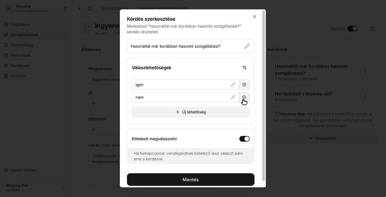 Szolgáltatás kérdés módosítás példa