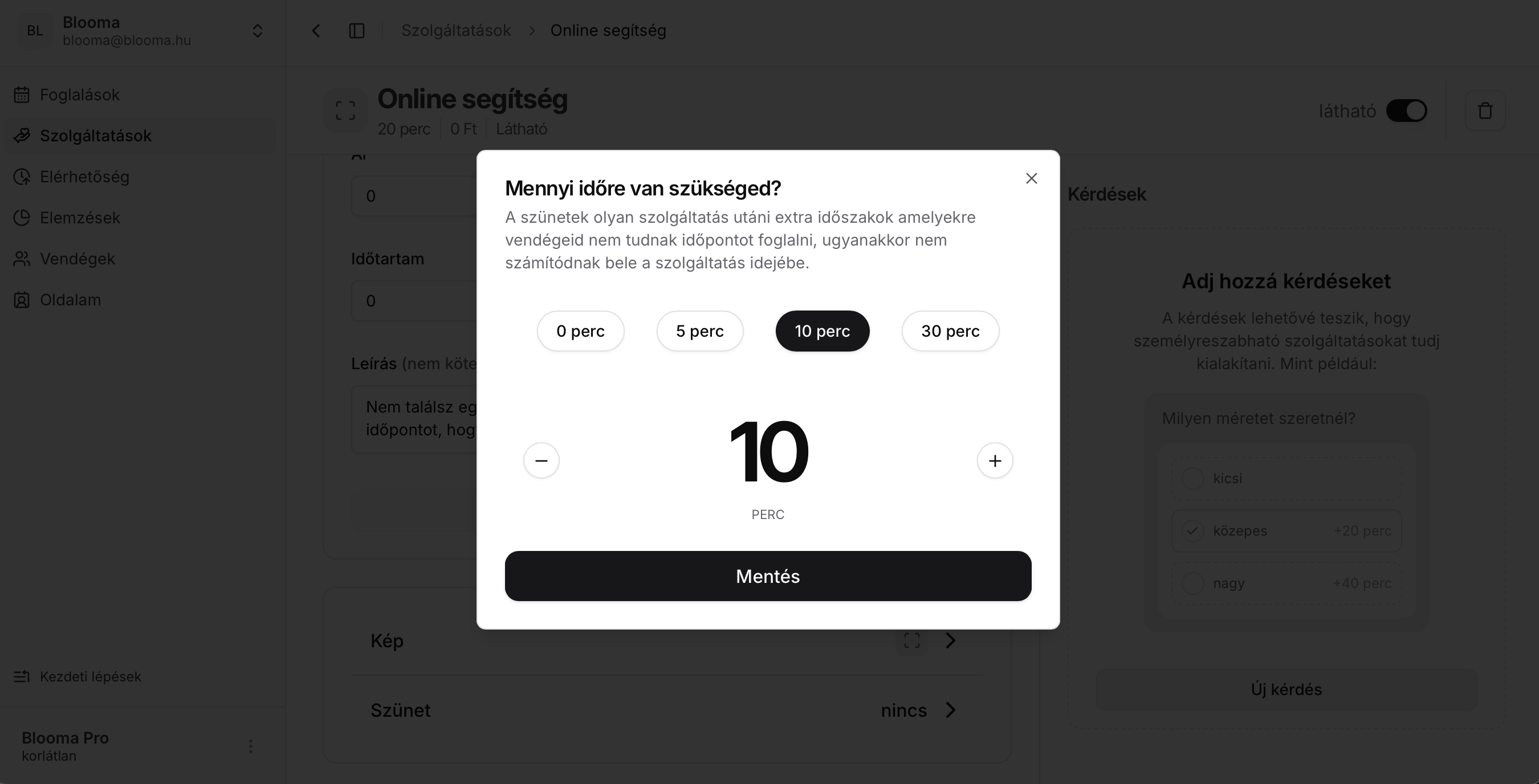 Szolgáltatás szünet beállítás