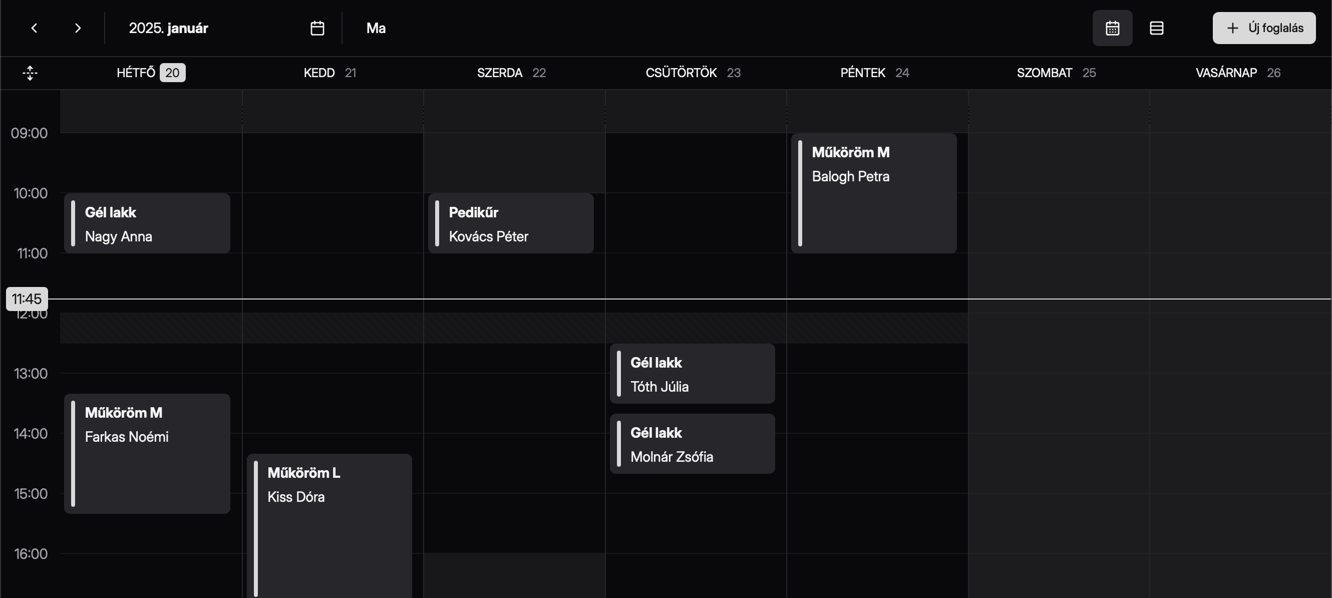 Példa naptár foglalásokkal és munkarenddel