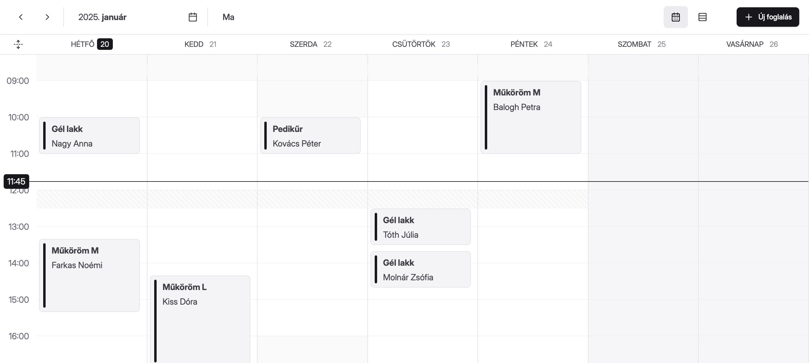 Példa naptár foglalásokkal és munkarenddel